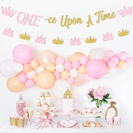 Sursurprise Princess Themed 1st Birthday Decorations, One-ce Upon A Time Banner Pink Gold for 1 Year Old Girls, Princess Themed First Birthday Party Supplies