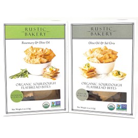 Rustic Bakery Crackers Organic Rosemary Sourdough Gourmet Flatbread Bite Size Twice Baked Variety Bundle | Olive Oil & Sel Gris, Rosemary & Olive Oil- 4 oz