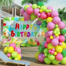 Tropical Balloons Garland Kit, 65 Pcs Hawaiian Birthday Party Decorations, Hot Pink Green Yellow Balloons with Palm Leaves and Hawaiian Birthday Banner for Hawaiian Birthday Luau Party Decorations