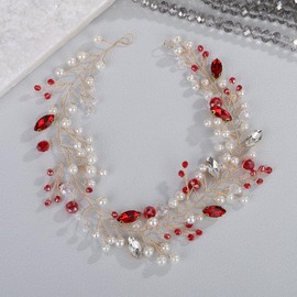 Teyglen Gold Crystal Bride Wedding Hair Vine Red Rhinestone Pearl Wedding Headband Hair Accessories for Women Evening Party Prom Bridal Headpiece (Red)