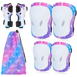 AuSletie 7 in 1 Kids Protective Gear Set for 3-8 Years, Kids Girls Knee Pads and Elbow Pads with Wrist Guards and Portable Mesh Bag for Skateboard, Roller Skating,Bicycle, Scooter, Cycling