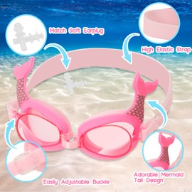 Kids Swim Goggles with Earplugs for Toddler Kids Girls Boys Youth(4-14), Cute Mermaid Tail Swimming Goggles, Anti-Fog Anti-UV Leak-proof Clear Vision Water Pool Goggles