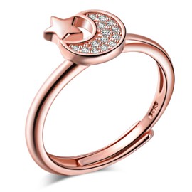Yumilok Jewelry 925 Sterling Silver Cubic Zirconia Moon and Star Polished Adjustable Ring for Women/Girls, Rose Gold Plated