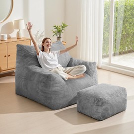 INMOZATA Bean Bag Chair for Adults, 3FT Beanbag Chair with Ottoman Pre-Filled Fluffy Lazy Chair Corded Fabric Accent Chair for Bedroom Living Room Dorm (Gray)