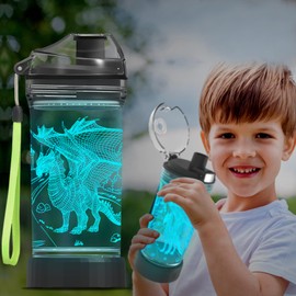 Ammonite Dragon - Botella de agua para niños con luz LED brillante 3D – 14 onzas Tritan última intervensión de BPA – Taza de viaje ideal para la escuela, niños, niños, día festivo, camping, picnic
