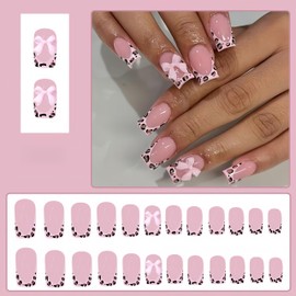 24Pcs Pink Bow Press on Nails Medium Square Fake Nails with 3D Bow Rhinestone Charms Design Cute Leopard French Tip False Nails Glue on Nails Stick on Nails Artificial Nails for Women Manicure 24Pcs