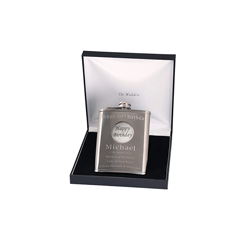 60th Birthday Engraved Hip Flask Happy Birthday Feature in Gift