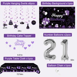 Miidenks 21st Birthday Decorations for Women, Purple Black Happy 21 Party Decor with Backdrop Banner, Tablecloth, 21 Number Foil Balloons for Her