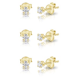 DTPsilver - 3 Pairs of Tiny / Small Earrings 925 Sterling Silver Yellow Gold-Plated with Cubic Zirconia Round Stud Earrings - Diameter 2, 3, 4, 5 mm - Same or Mix Size - White/Clear CZ, Sterling