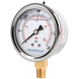 UHARBOUR Glycerin Filled Pressure Gauge 300psi/20bar, Stainless Steel case, Brass Inside Construction, 2-1/2" dial, 1/4"NPT Rear Connection.