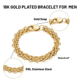 WP WEPICK Men's Bracelets 18K Gold Plated Men Link Bracelet for Men Stainless Steel Non Tarnish Chain Bracelets Birthday Jewelry Gift Box Shiny Gold 7 Inch