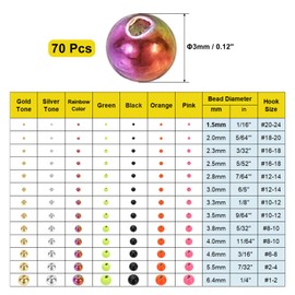 PATIKIL Fly Tying Tungsten Beads, 70 Pcs 3mm / 0.12 Inch Tungsten Slotted Bead Round Ball for Fly Tying Jig Hooks Fishing Materials, Rainbow Color