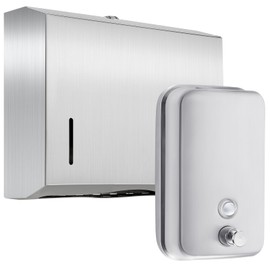 Kritkin 2 Pcs Commercial Soap Dispenser and Paper Towel Dispenser Set with Lock-Stainless Steel,Wall Mount,Large Capacity Manual Liquid Pump Rust Proof Leak Free for Home Bathroom (500 ml,Style 2)