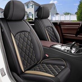 RAWAKORW 2 Front Seat Cover Fit for Ford Mustang 2007-2022 | Faux Leather Seat Covers Waterproof Car Seat Covers Protector | Compatible with Airbag & Easy to Install (2 Seats, Golden Line)