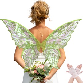 YKW Fairy Wings for Women with Lace Gloves, Large Butterfly Cosplay Wings, Iridescent Costume Wings for Party Photography Props Adult Dress Up Accessories (Green)