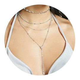 Zehope Layered Lariat Necklaces Silver Rhinestone Drop Necklace Long Crystal Choker Jewelry for Women and Girls