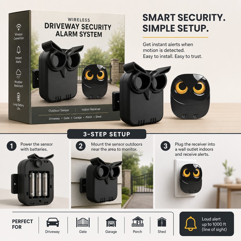 Wireless Driveway Alarm for Home Security – Waterproof Motion Sensor