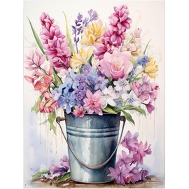 KYOQFVN Colorful Flowers in Bucket Cross Stitch Kits, 11CT Stamped Cross Stitch, Counted Cross Stitch Kits for Adults Patterns Needles Supplies, Beginner Embroidery Kit for Adults 12x16inch
