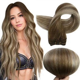Full Shine Sew In Hair Extensions Real Human Hair Invisible Weft Hair Extensions Color Light Brown To Platinum Blonde Mix Brown Weft Extensions Human Hair 100G 14 Inch