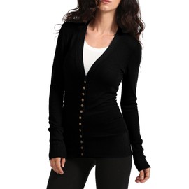 J. LOVNY Womens Basic Lightweight Stretch V-Neck Long Sleeve Ribbed Details Snap Button Cardigan Sweater S-3XL Black