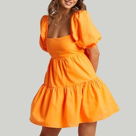 OWNGIGI Women's Summer Dress Square Neck Puffy Short Sleeve Loose Tie Back Casual A-Line Mini Dresses Orange