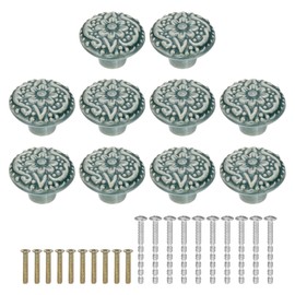 sourcing map 10Pcs Ceramic Knobs, 34mm/1.34" Flower Pattern Mushroom Knob Drawer Pull Handle Vintage Wardrobe Knobs with Screws for Vanity Bedroom Furniture Closet, Green