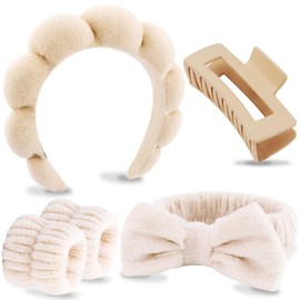 VELSCRUN 5 Pcs Khaki Puffy Sponge Spa Headband Bow Tie Hair Band Hair Clips Wristband Set, Spa Headbands for Wash Face, Makeup Headband, Facial Skincare Headbands Women Girls Hair Accessories Gifts