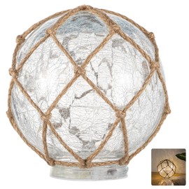 Glass Fishing Float Night Light, 6.3" Cracked Globe Ball Lamp with Base, Warm White Battery Powered Nautical Lamp Decor Gift for Living Room Indoor