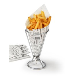 Fackelmann Fingerfoodhalter mit Spitztüten, Pommeshalter inklusive 5 fettabweisenden Papiertüten, Snackständer mit Tüten im Zeitungsdesign (Farbe: Silber, Weiß/Schwarz), Menge: 1 x Halter, 5 x Tüten