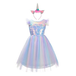 Lito Angels Unicorn Princess Dress with Horn Headband for Children Girls Blue Rainbow Tulle Dress Size 3-4 Years 104 (Tag Number 110)