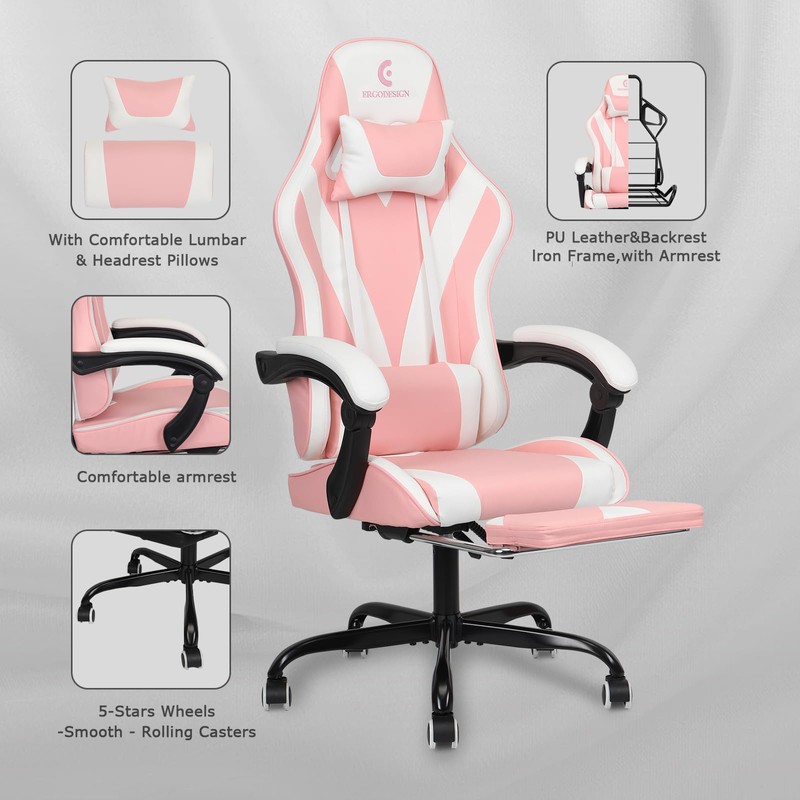 ErgoDesign Gaming Chair with Linkage Armrest & Footrest, High Back