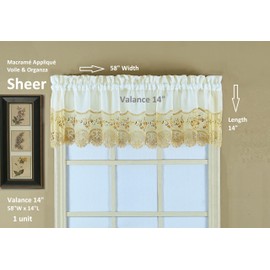 Today's Curtain, Vintage Macramé Organza Valance 14", Ecru/Gold, 58" W x 14" L