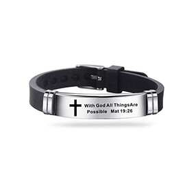 MZC Jewelry Men Cross Sport Silicone ID Bracelet for Women Religious Engraved With God All Things are Possible Scripture Quote Stainless Steel Adjustable Wristband Bracelet