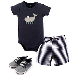 Hudson Baby baby boys Cotton Bodysuit, Shorts and Shoe Layette Set, Sailor Whale, 0-3 Months US
