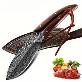 Feather Damascus Blade with Leather Sheath Vegetable Cutter Stainless Steel Boning Knives Fruit Kitchen knife with leather sheath - Color: Ripple