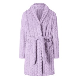 Umeyda Girls Flannel Robes, Warm Cable Plush Shawl Collar Soft Bathrobe with Belt Pockets for Kids, Purple, 10/12Y