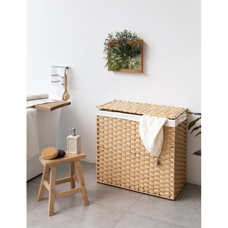 StorageWorks 130L Wicker Laundry Hamper with Lid, 2 Section Wicker
