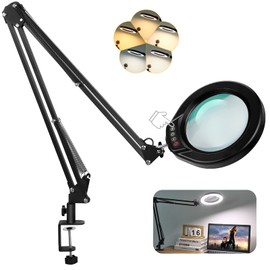 VEEMAGNI 5 Inch Large Magnifying Glass with Light and Stand, 5 Color Modes Stepless Dimmable, 2*16 Inch Swivel Arm LED Clamp Desk Lamp, Hands Free 10X Lighted Magnifier for Close Work Crafts Soldering
