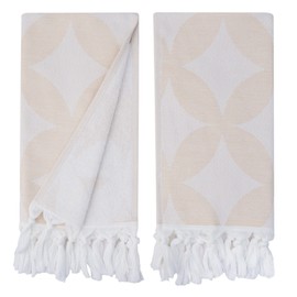 Turkish Cotton Hand Towels Set of 2 – Decorative Kitchen & Bathroom Towels with Woven Front and Terry Backing (Geometric Bloom Beige)