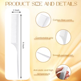 Leinuosen 3 Pack Rat Tail Combs Fine Tooth Parting Tip for Women Carbon Fiber Heat Resistant Anti Static Teasing for Back Combing Root Teasing Adding Volume Evening Styling(White)