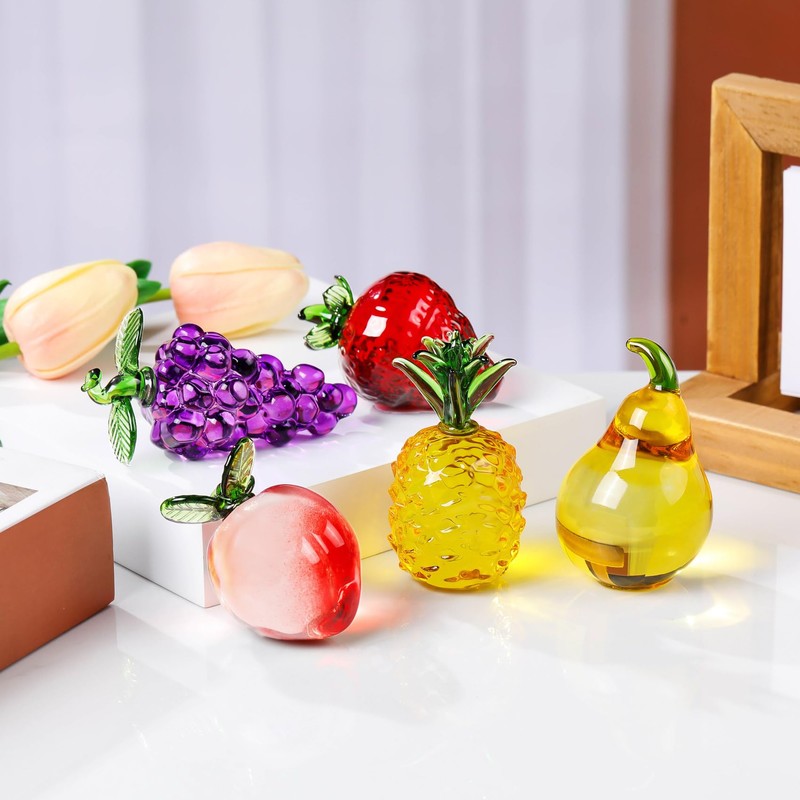 YWHL Handcraft Glass Peach Figurine Kitchen Decor, Crystal Art Fruit