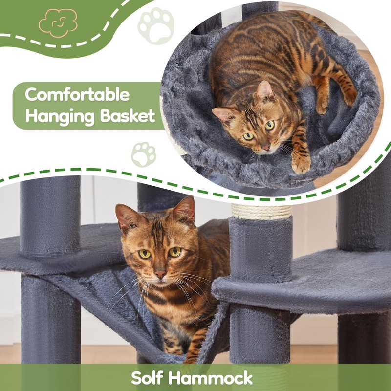 Taoqimiao MS042G Cat Tree,66-inch Large Cat Tower with Scratching Posts,