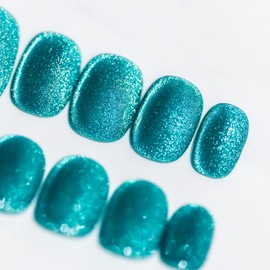 Sun&Beam Nails Handmade Press On Short Round with Nile Blue Cat Eye Design Charm Cute False Nail Tips 10 Pcs (#93 S)