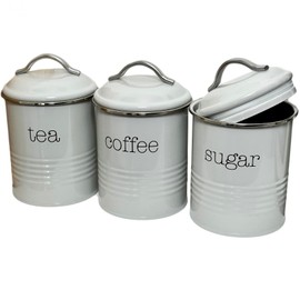 Darthome Grey Tea Coffee Sugar Canisters Metal Airtight Lid Set Of 3 Kitchen Storage Jars (Grey)
