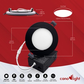 CanoLight 4" 9W Recessed LED Slim Pot Light with 2W Night Light, 2700K/3000K/3500K/4000K/5000K 5CCT Adjustable, 800LM CRI > 85, ETL Energy Star Listed, IC Rated, with Junction Box (Black, 1 Pack)