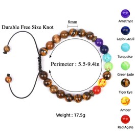 GelConnie Chakra Bracelet 8mm Natural Stone 7 Chakra Tiger Eye Bead Bracelet Adjustable Braided Reiki Healing Energy Bracelet Anti Anxiety Relax Bangle Meditation Balance Yoga Bracelet for Women Men