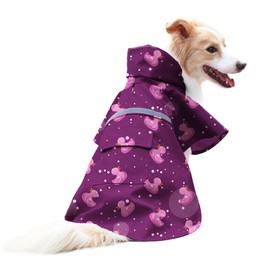 DELIFUR Large Dog Raincoat - Waterproof Dog Rain Poncho Adjustable Double Layer Rain Jacket with Hood for Medium Large Dogs Designed with Leash Hole Reflective Strip(Purple Duck, X-Large)