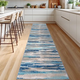 Lansny Modern Abstract Runner Rug 2.6x12, Blue Washable Long Kitchen Runner Non-Slip Soft Hallway Rug Runner Thin Print Faux Wool Carpet for Entryway Bedroom Laundry Room Indoor Home Decor