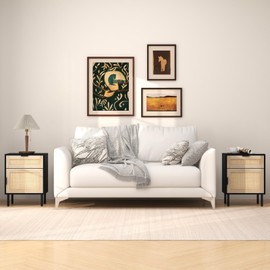 Giantex Rattan Nightstand Set of 2, Mid Century Modern End Table with Drawer & Cabinet, Sofa Side Table with Sturdy Metal Legs, Wood Bedside Table for Bedroom, Small Spaces, Black & Natural