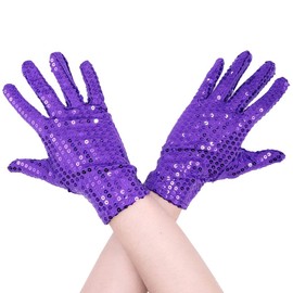 Aniler Unisex Wrist Length Full Finger Sequin Solid Color 80s Sparkling Glitter Costume Cosplay Party Short Gloves (Purple, One Size)